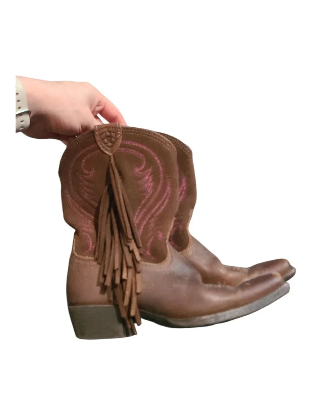 Girls Brown Leather Cowboy Boots with Fringe and Pink Stitching 13